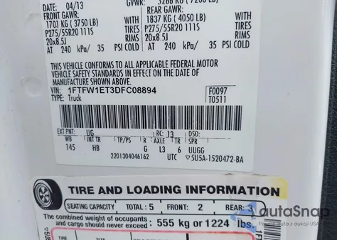 2013 Ford F-150 Lariat z USA, uszkodzony, nr VIN 1FTFW1ET3DFC08894